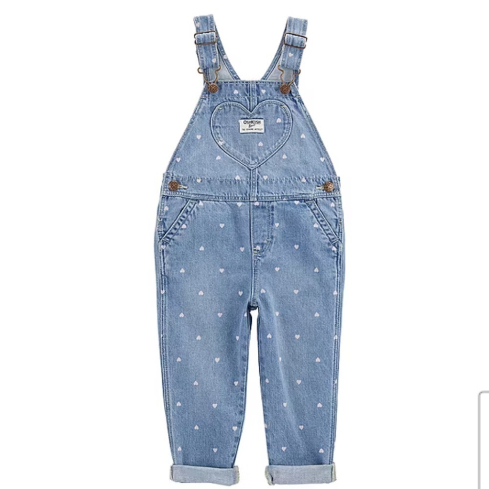OshKosh B’gosh Heart Print Denim Overalls 12M Toddler Girls Classic